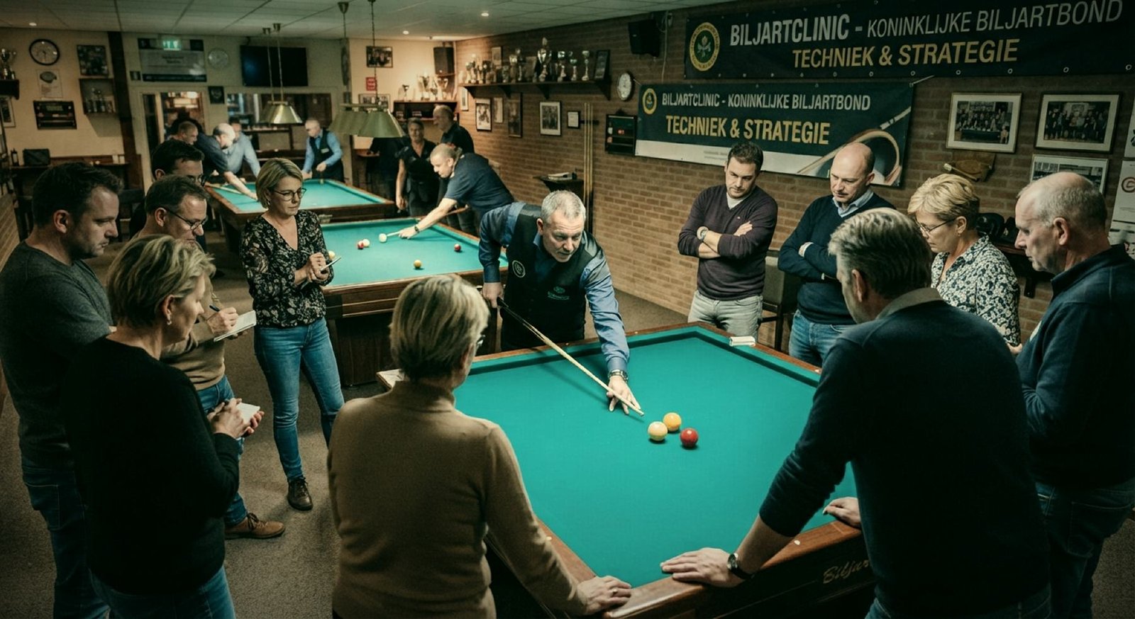 Een biljartprof doet een stoot voor aan een groep deelnemers rond de tafel tijdens een clinic.